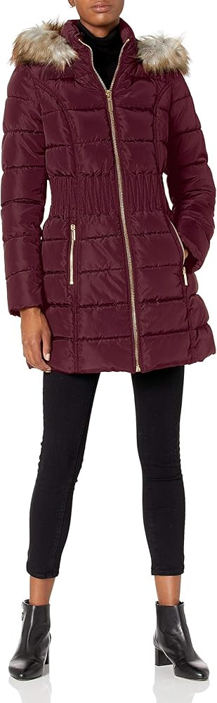 Laundry by Shelli Segal Women's 3/4 Puffer Jacket with Zig Zag Cinched Waist and Faux Fur Trim Ho... | Amazon (US)