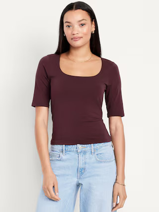 Fitted Double-Layer Elbow-Sleeve Scoop-Neck Top | Old Navy (US)
