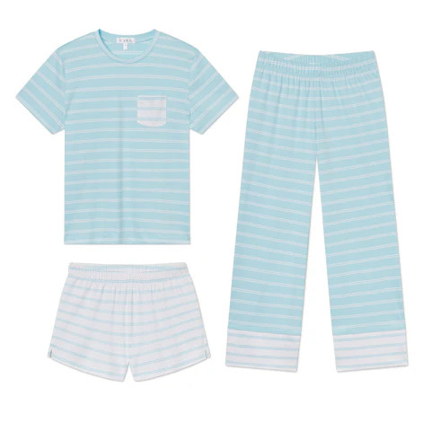 Pima Crew Wide Leg Bundle in Salt Spray Tidal Stripe | Lake Pajamas
