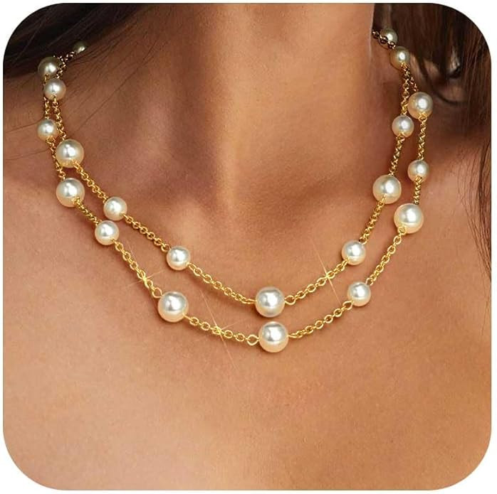 Gold Pearl Necklace for Women, Chunky 18K Gold Plated Layered Choker Chain - Double Layered Pearl... | Amazon (US)