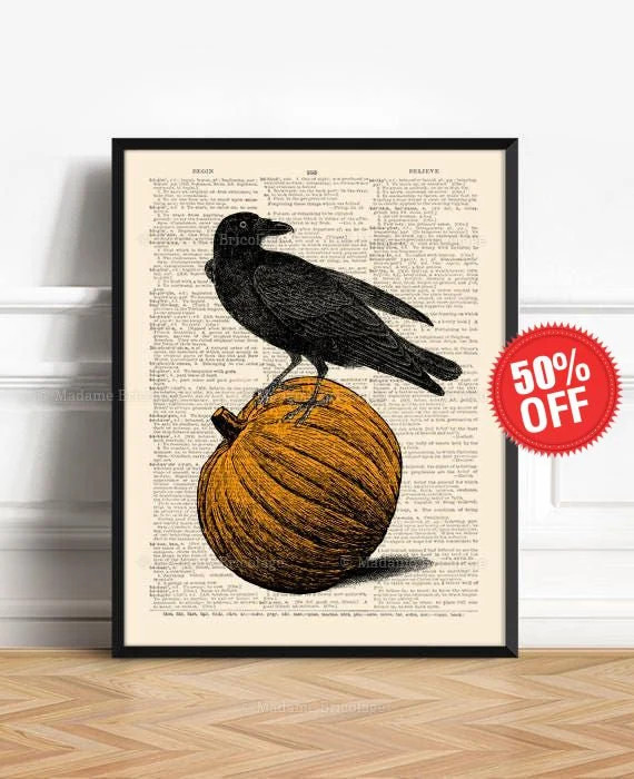 Cottagecore Halloween Crow Art, Halloween Wall Art, Halloween Decor, Home Office Decor, Raven on ... | Etsy (US)