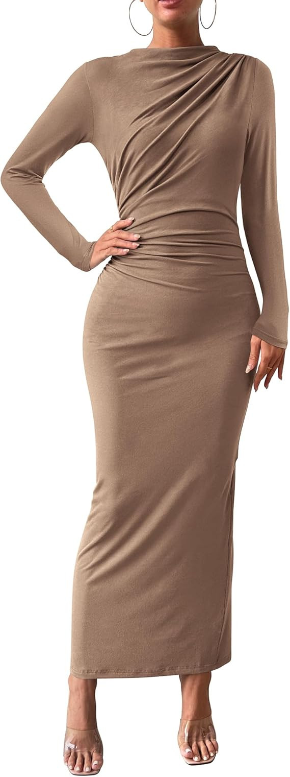 BTFBM Women Bodycon Maxi Dress Long Sleeve Back Slit Ruched Elegant Party Cocktail Formal Fall We... | Amazon (US)