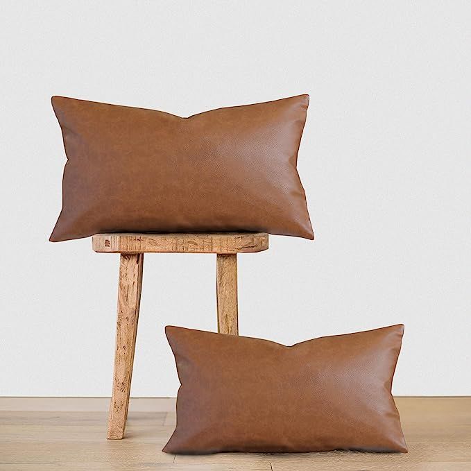 Two Queens Lane 2-Pack Faux Leather Lumbar Pillowcase Throw Pillow Cover, Modern Boho Chic Brown ... | Amazon (US)