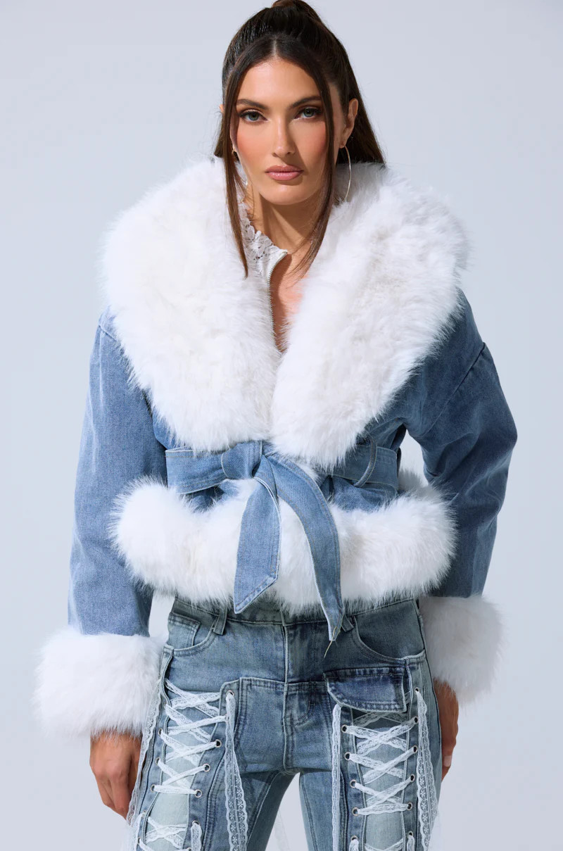 AKIRA Lainey Fur Trim Denim Moto Jacket | Light Blue | Size Medium | AKIRA