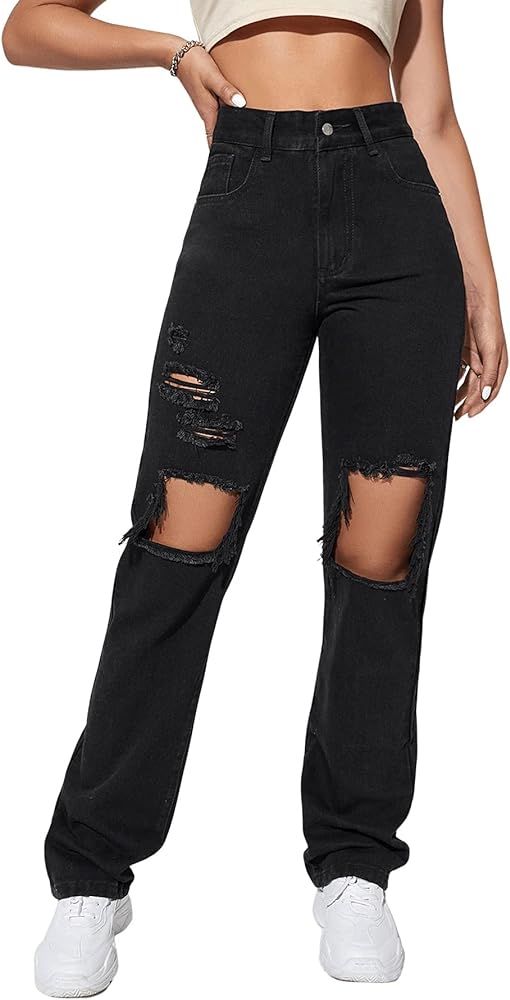 SweatyRocks Women's Casual Loose Ripped Denim Pants Distressed Wide Leg Jeans | Amazon (US)