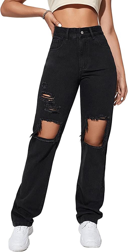 SweatyRocks Women's Casual Loose Ripped Denim Pants Distressed Wide Leg Jeans | Amazon (US)