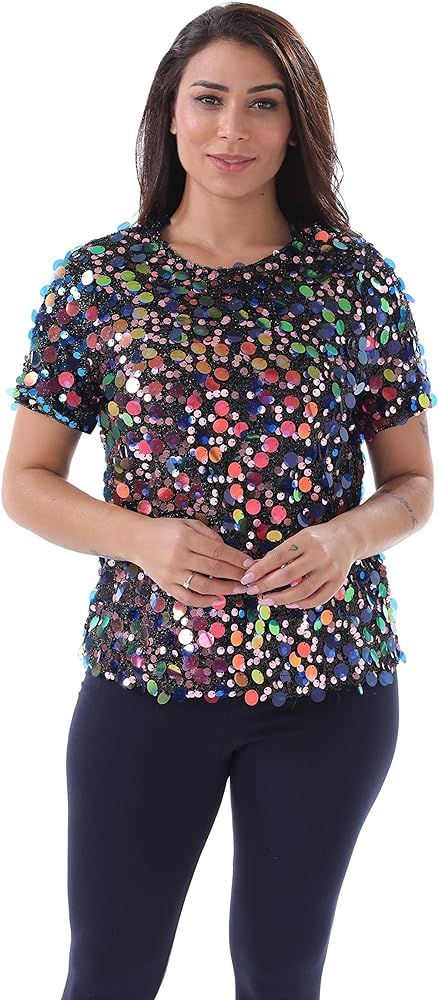 Conail Coco Women’s Multicolored Sequin Top Glitter Shirt Loose Short Sleeve Sparkle Party Blou... | Amazon (US)