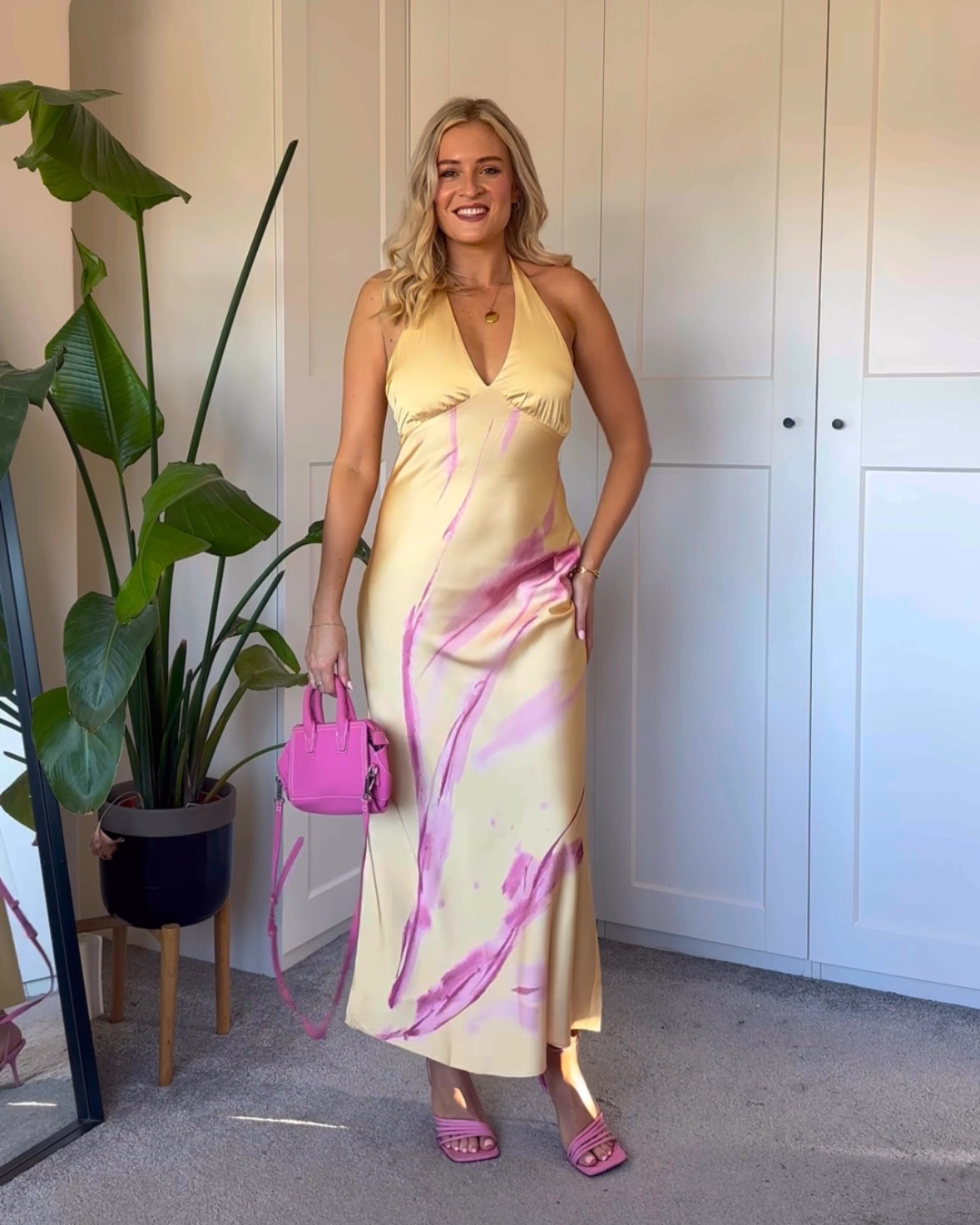 Yellow and pink satin wedding guest dress 😍 currently 15% off! 

Wedding guest, wedding guest inspo, outfit ideas 