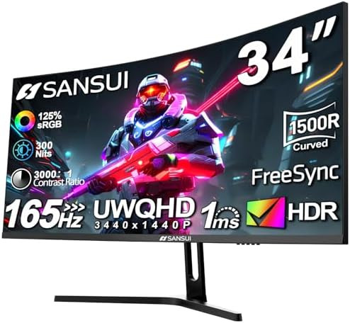 SANSUI 34-Inch Curved Gaming Monitor UWQHD 3440 x 1440 Up to 165Hz Curved 1500R - PIP/PBP, 1ms(MP... | Amazon (US)
