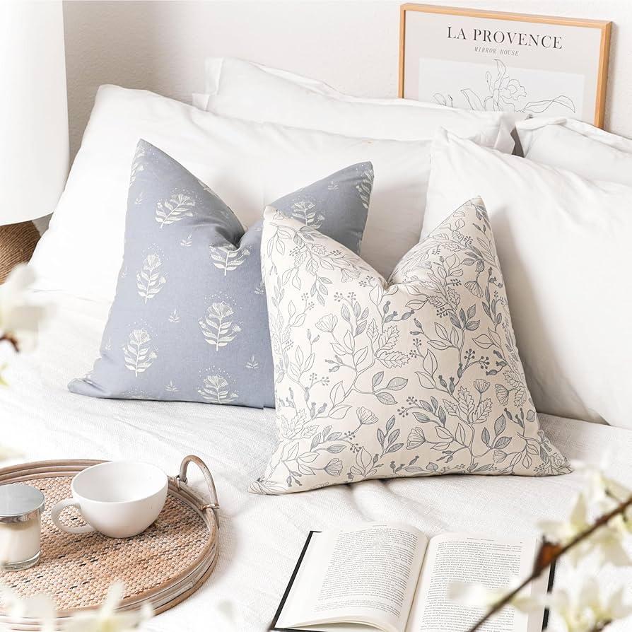 Floral Decorative Throw Pillow Cover 18x18 Set of 2, Farmhouse Coastal Blue Cotton Accent Throw P... | Amazon (US)