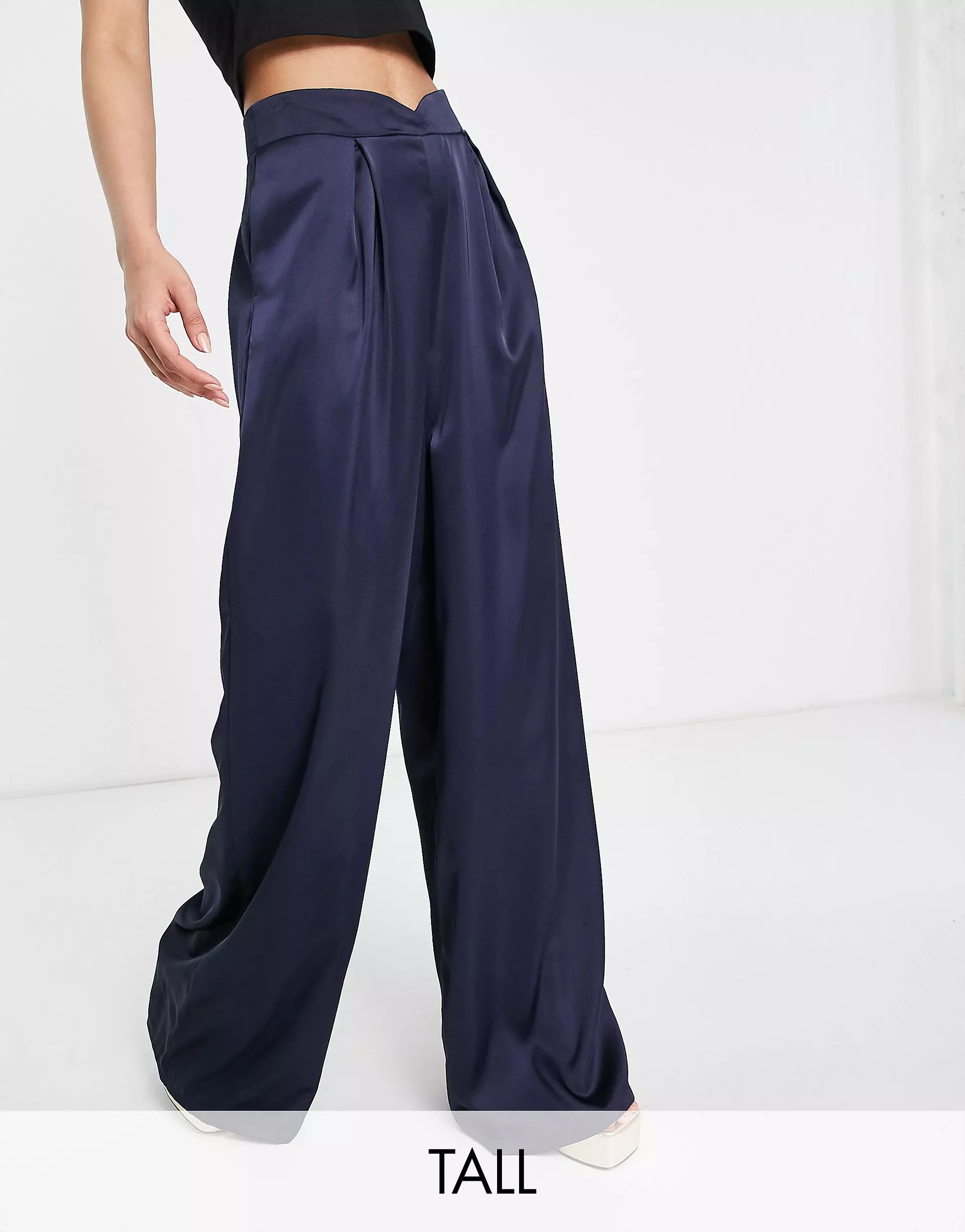 First Distraction the label Tall high waisted satin wide leg pants in navy | ASOS (Global)