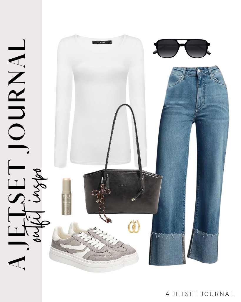 First up is this combination of OThread & Co.'s long-sleeve shirt and KUNMI wide-leg jeans. Project Cloud lightweight platform sneakers and this shoulder bag are perfect for this fit. You can use these SOJOS aviator sunnies, too! 

 #LTKSeasonal #LTKSaleAlert #LTKTravel