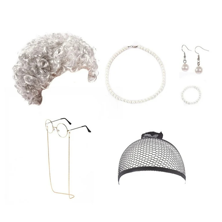 zttd old lady wig granny wig old lady for women grandma wig cap glasses chain pearl necklace earr... | Walmart (US)