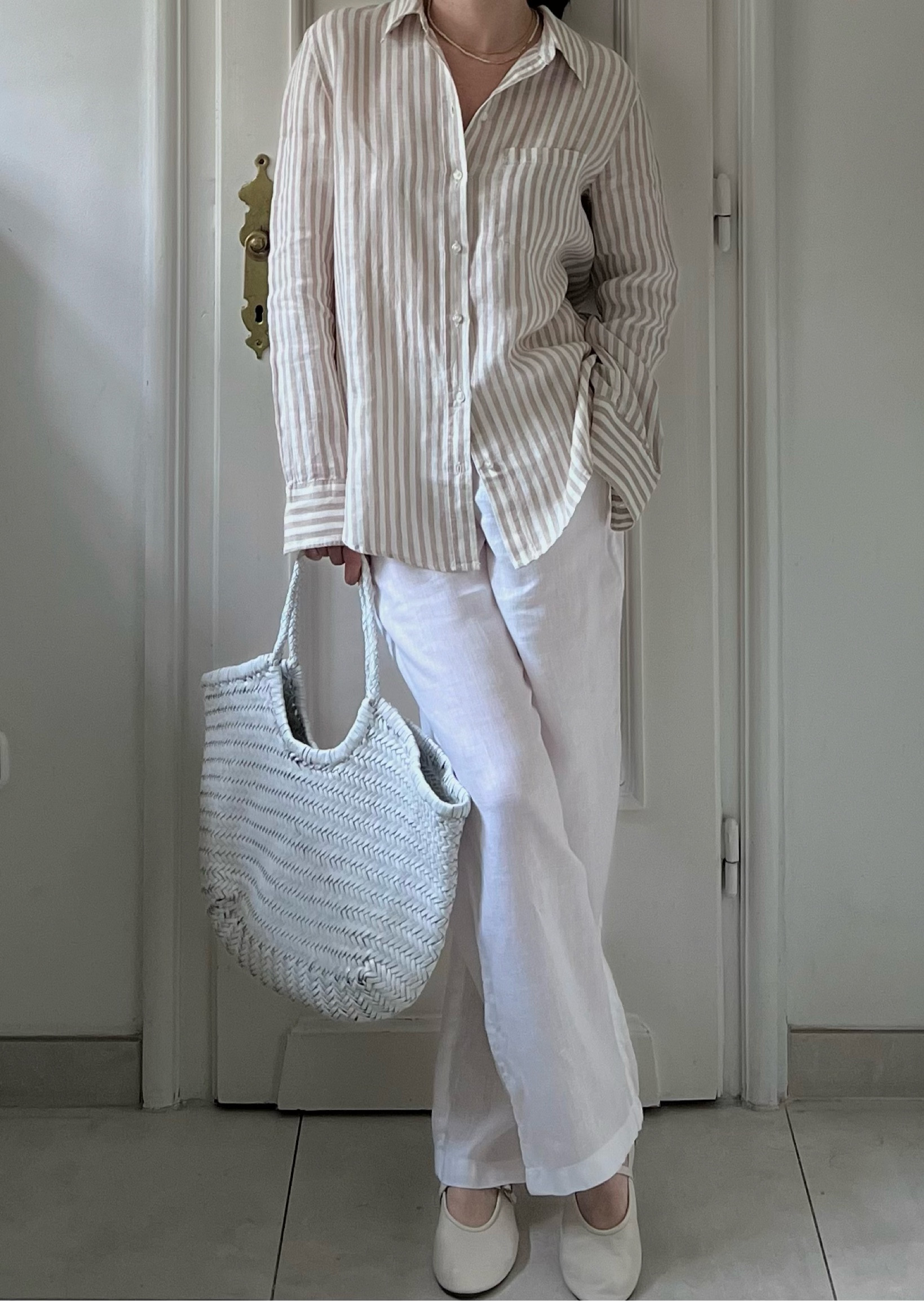 Linen outfit, linen trousers, linen pants, white trousers, white linen trousers, striped shirt, striped linen shirt, white leather bag, summer bag, pearl necklace, beaded necklace, leather ballet flats, ballet flats, white ballet flats, Dragon Diffusion bag, summer outfit 

#LTKsummer #LTKuk #LTKbag
