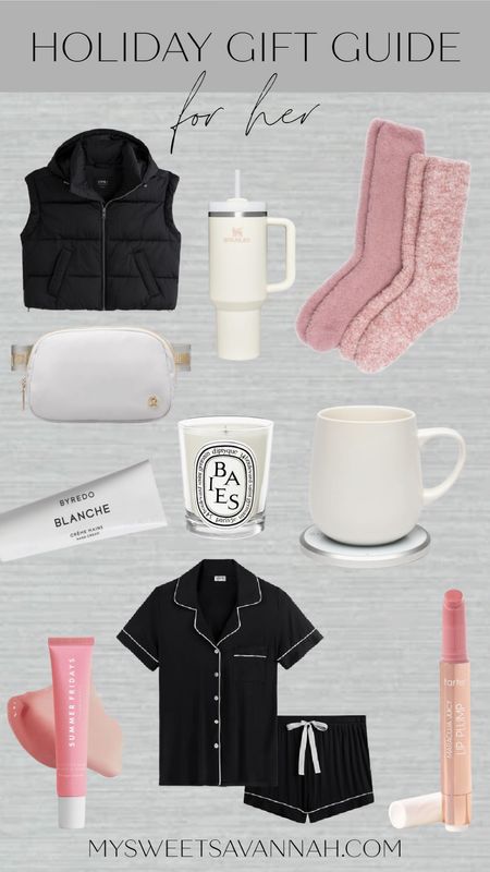 Holiday/Christmas gift guide for her! 
Pajamas
Barefoot dreams socks 
Stanley cup
Puffer best 
Warming mug
Candle
Nordstrom 
Diptique 
Tarte 
Hand cream 
Baies 
Byredo 


#LTKstyletip #LTKGiftGuide #LTKbeauty