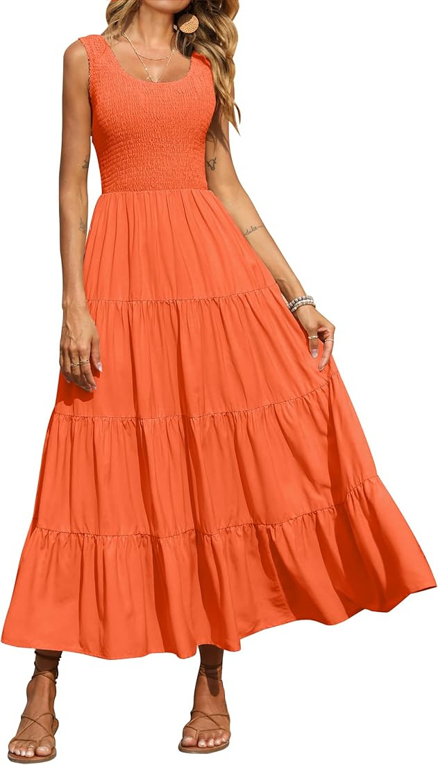 PRETTYGARDEN Women's Casual Loose Plain Maxi Sundress Smocked Tank Dress Sleeveless Summer Beach ... | Amazon (US)