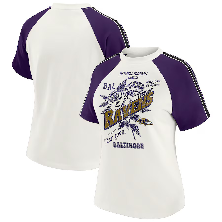 Baltimore Ravens WEAR by Erin Andrews Women's Sleeve Stripe Distressed Raglan T-Shirt - White | Fanatics