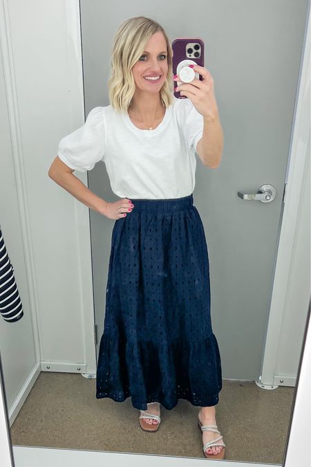 I love this navy Time and Tru skirt for Walmart! The eyelet detail on it is so pretty! I’m wearing an xs! Top is a small  

#LTKstyletip #LTKfindsunder50 #LTKSeasonal