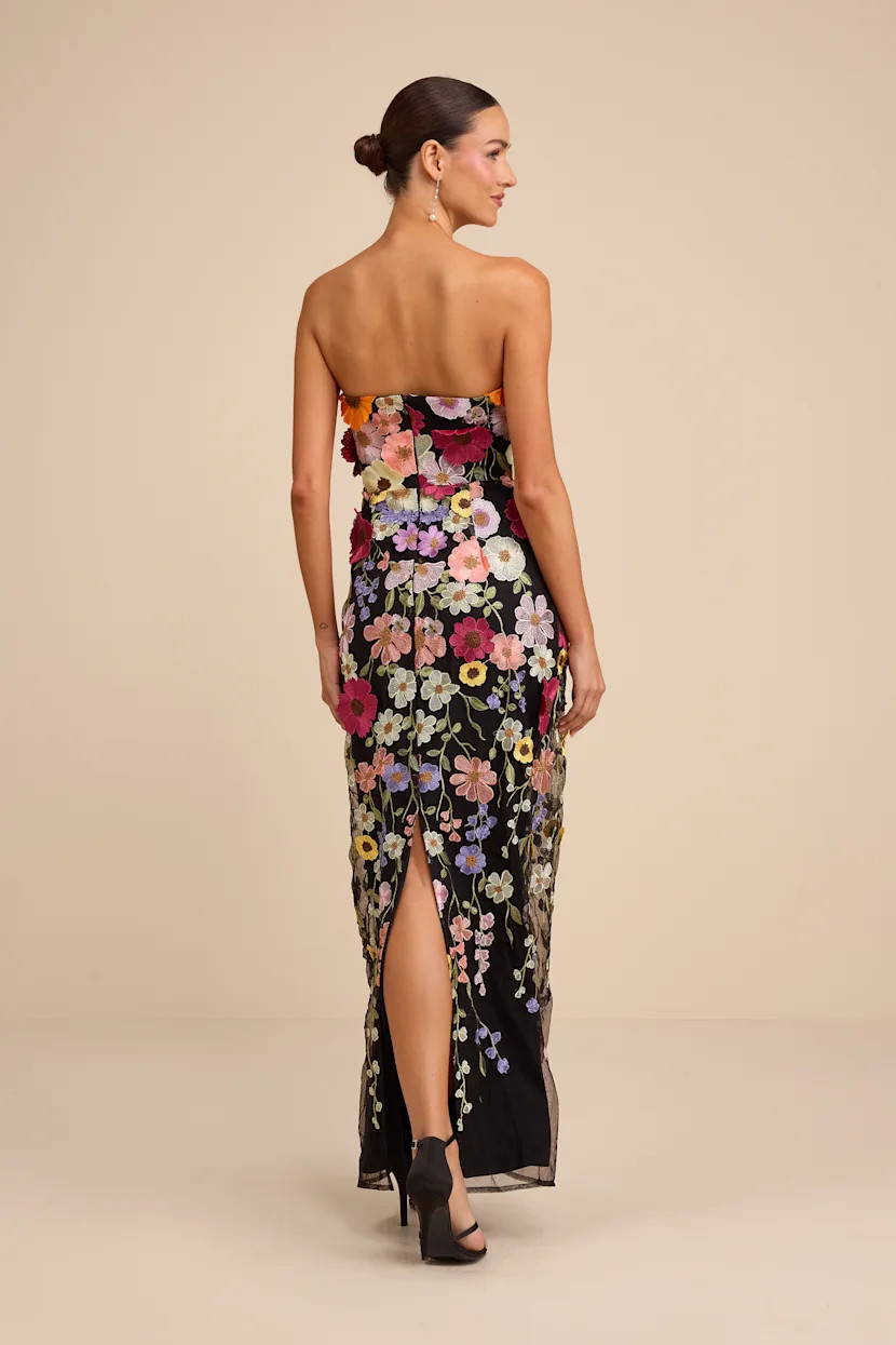 Macario Black Multi 3D Floral Embroidered Strapless Maxi Dress | Lulus