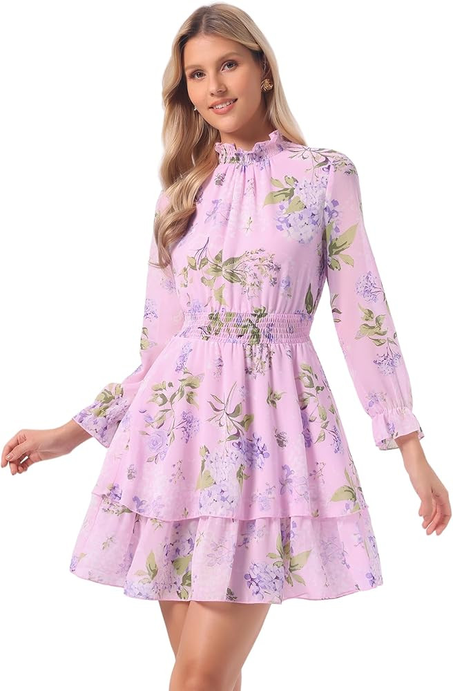 Allegra K Women's Floral Dress Chiffon Long Sleeve Mock Neck Ruffle Layered Smocked Mini Dresses | Amazon (US)