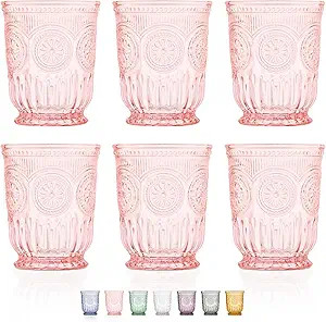 Pink Glass Cups set of 6 pink water glasses for lovers of vintage pink glassware with matching wi... | Amazon (US)