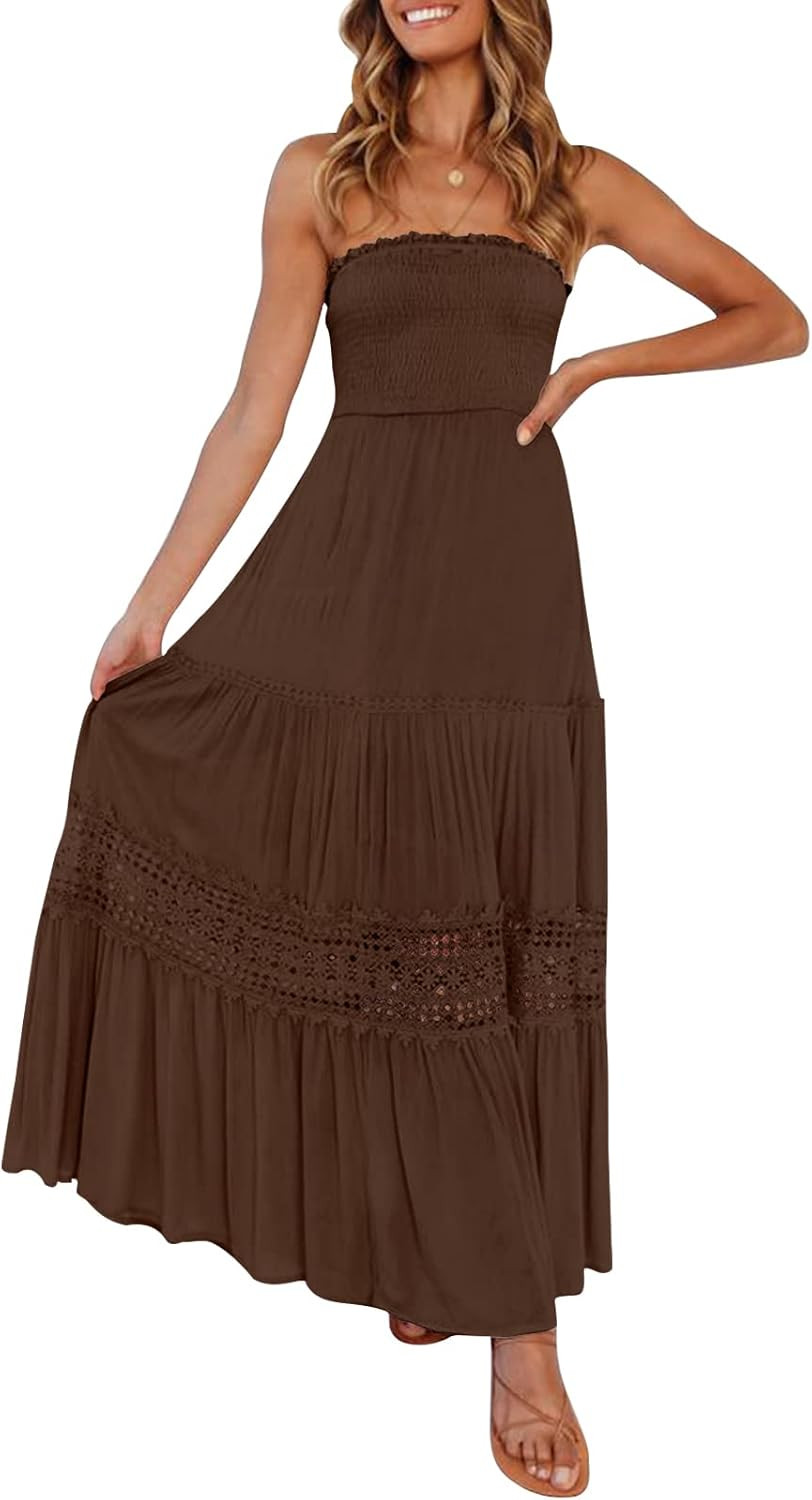 ZESICA Women's 2023 Summer Bohemian Strapless Off Shoulder Lace Trim Backless Flowy A Line Beach ... | Amazon (US)