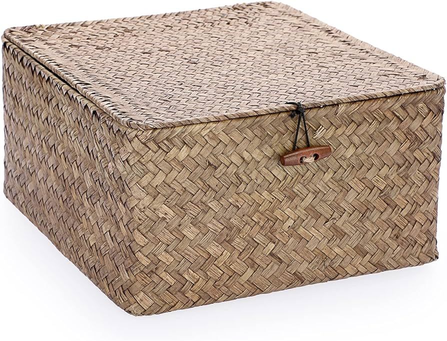 Hipiwe Wicker Shelf Baskets Bin with Lid Handwoven Seagrass Storage Basket Container Square Multi... | Amazon (US)