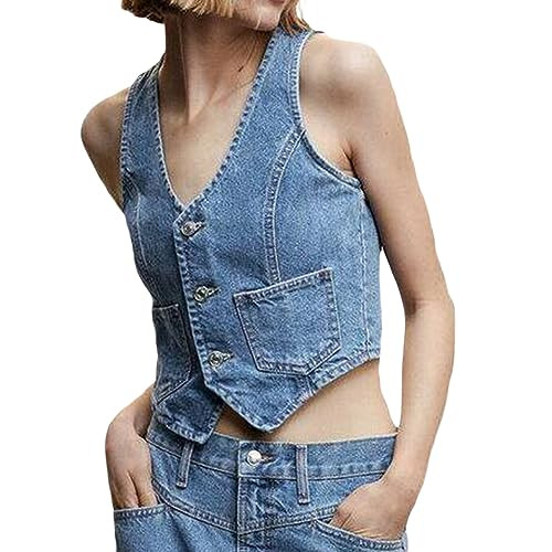Women Denim Vest Sleeveless Crop Tops Button Denim Gilet Jacket Casual V Neck Jean Waistcoat Y2K ... | Amazon (US)