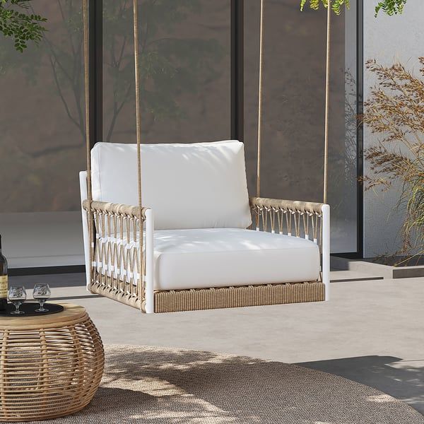 Ropipe Boho Khaki Woven Rope Outdoor Patio Swing Sofa Arm Chair with White Cushion | Homary