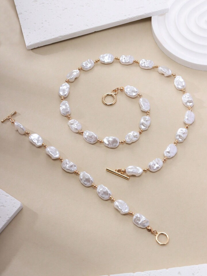 1pc Necklace & 1pc Bracelet Elegant Baroque Style Freshwater Faux Pearl Beaded Fashion Jewelry Se... | SHEIN