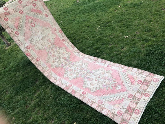3x9 Turkish Runner, Pink Oushak Rug, Vintage Wool Runner, Living Room Rug, Dining Room Rug, Farmh... | Etsy (US)
