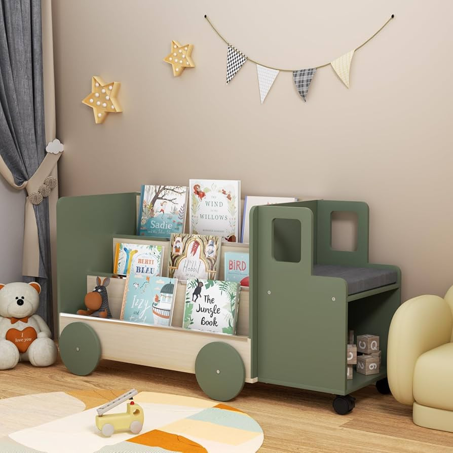 Kids Bookshelf with Locking Wheels, 3-Tier Truck Book Shelf, 4-in-1 Montessori Bookshelf with Toy... | Amazon (US)