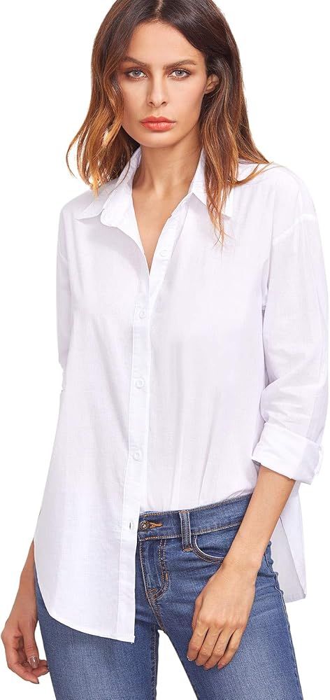 SweatyRocks Women's Long Sleeve V Neck Button Down Collar Blouse Shirt Top | Amazon (US)
