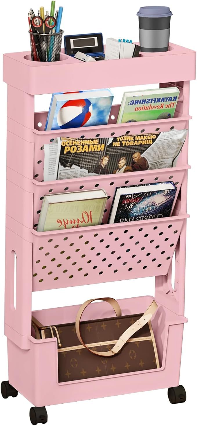 POBOMULI 5-Tier Bookshelf, Book Storage Organization with Wheels Mobile Rolling Bookshelves Cart ... | Amazon (US)
