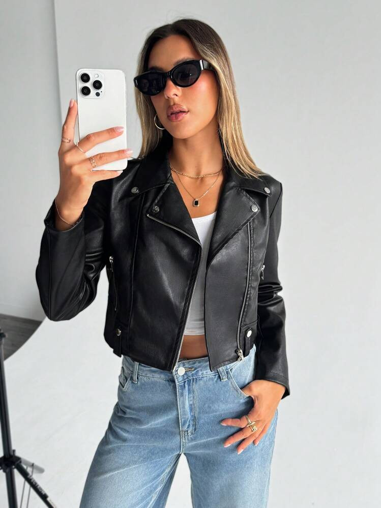 Siren Gaze Women's Casual Fashion Solid Color Collar Long Sleeve Zipper PU Jacket Long Sleeve Zip Up PU Leather Jacket Christmas Jacket Lapel Neck Zip Up PU Leather Jacket Leather Jacket Fall Women Outfits | SHEIN