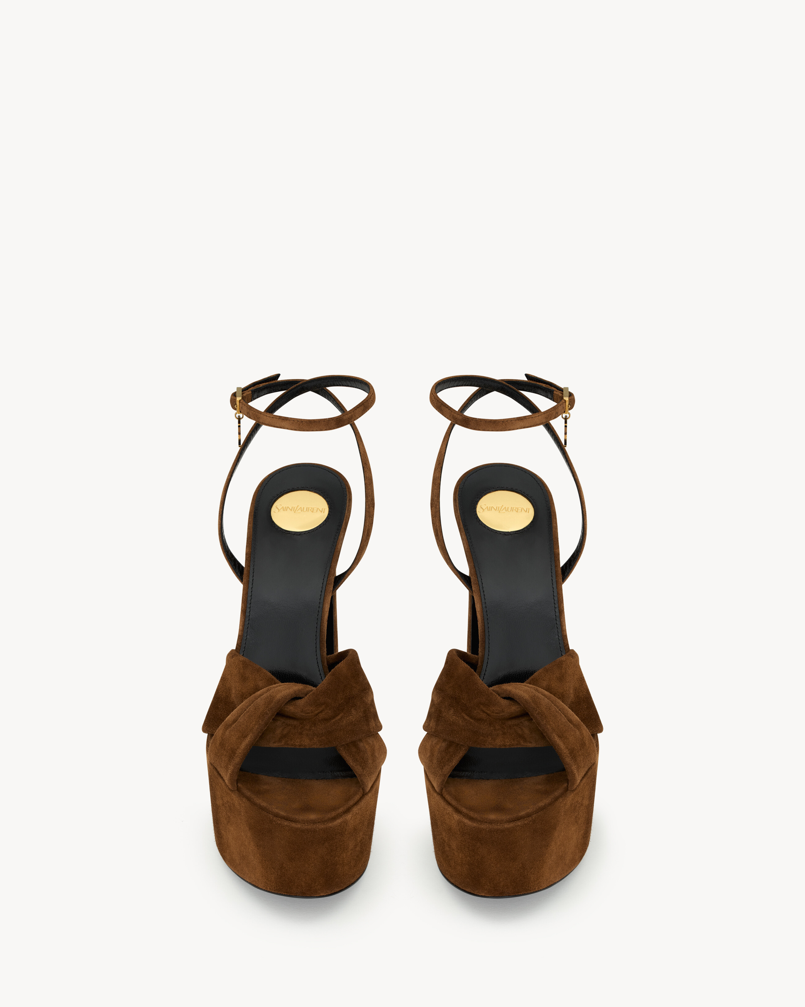 platform sandals with a twisted crisscross toe, block heel, and CASSANDRE ankle charm. | Saint Laurent Inc. (Global)