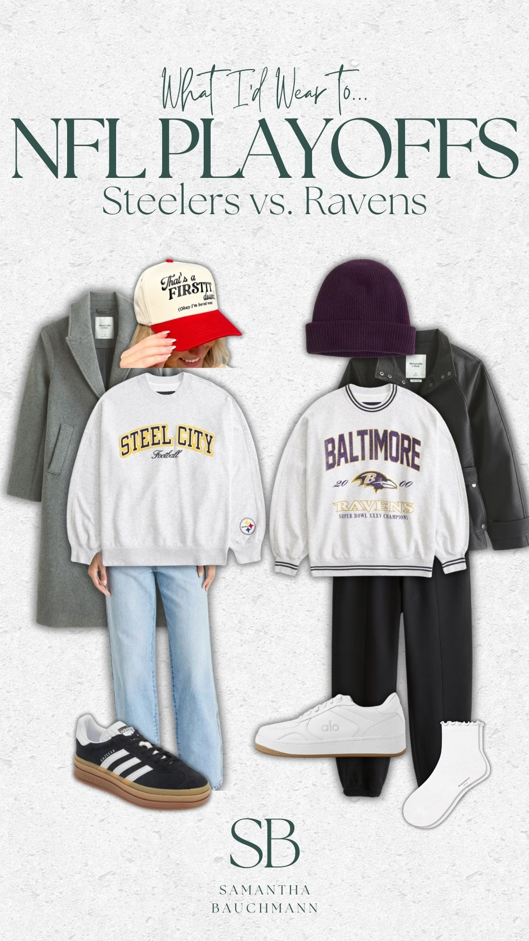 What I'd wear to an NFL play off game: Steelers vs Ravens 🏈 

outfit idea, NFL game outfit idea, tall girl friendly fashion, abercrombie, abercrombie sale, casual style, adidas sneakers, alo sneakers, neutral shoe, abercrombie NFL crewneck, leather jacket, blazer, boy mom, mom of 4, Samantha Bauchmann 

 #LTKSaleAlert #LTKFindsUnder100 #LTKStyleTip