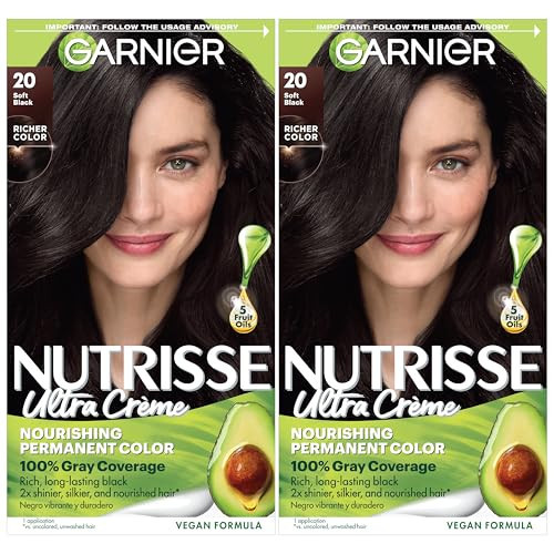 Garnier Nutrisse Ultra Crème Hair Color, Permanent Hair Dye with 100% Gray Coverage, Vegan & Cruelty-Free, 20 Soft Black (Black Tea), 2 Count | Amazon (US)