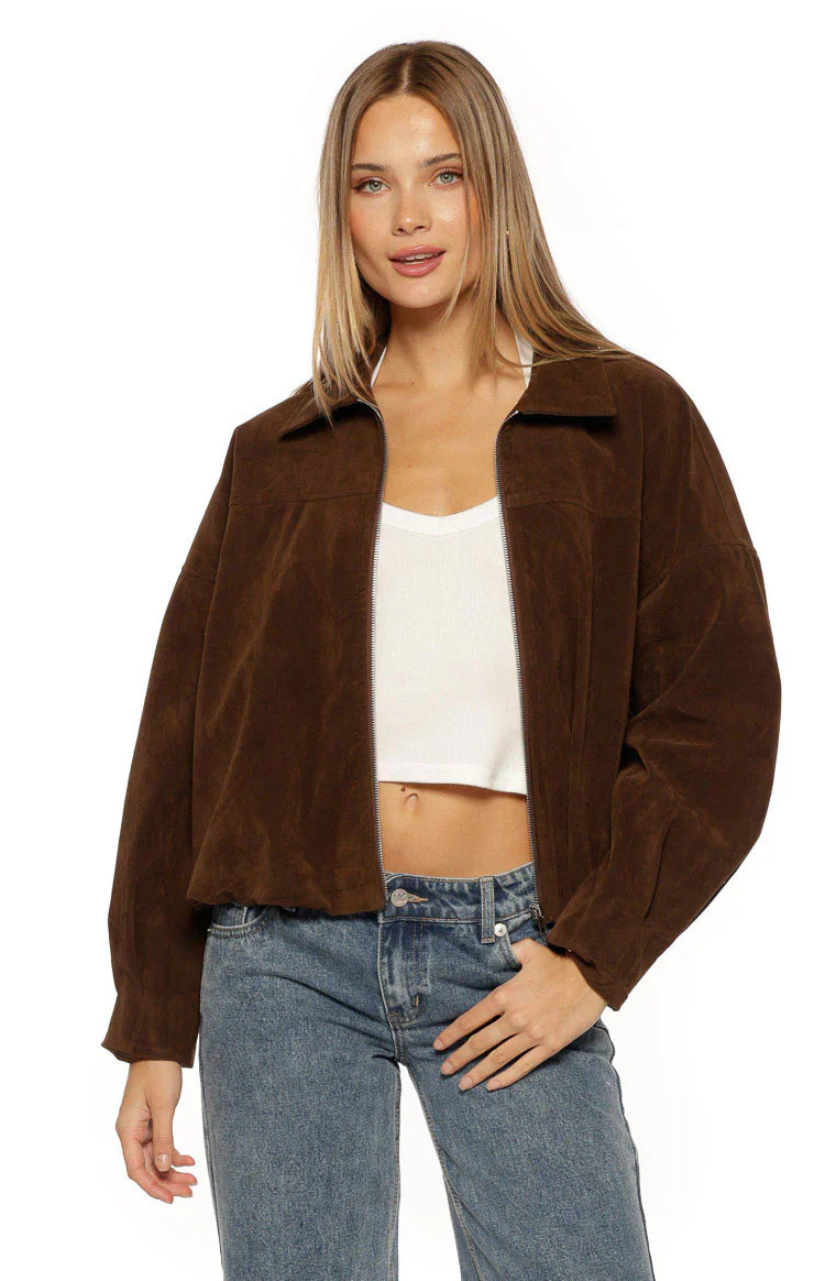 Brookie Brown Suedette Cuff Sleeve Bomber Jacket US 0 | Beginning Boutique (US)