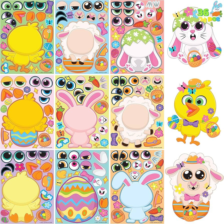 JOYIN 36 PCS Easter Match Make a Face Stickers with Chick Bunny Sheep Egg Pattern, Stickers for K... | Amazon (US)