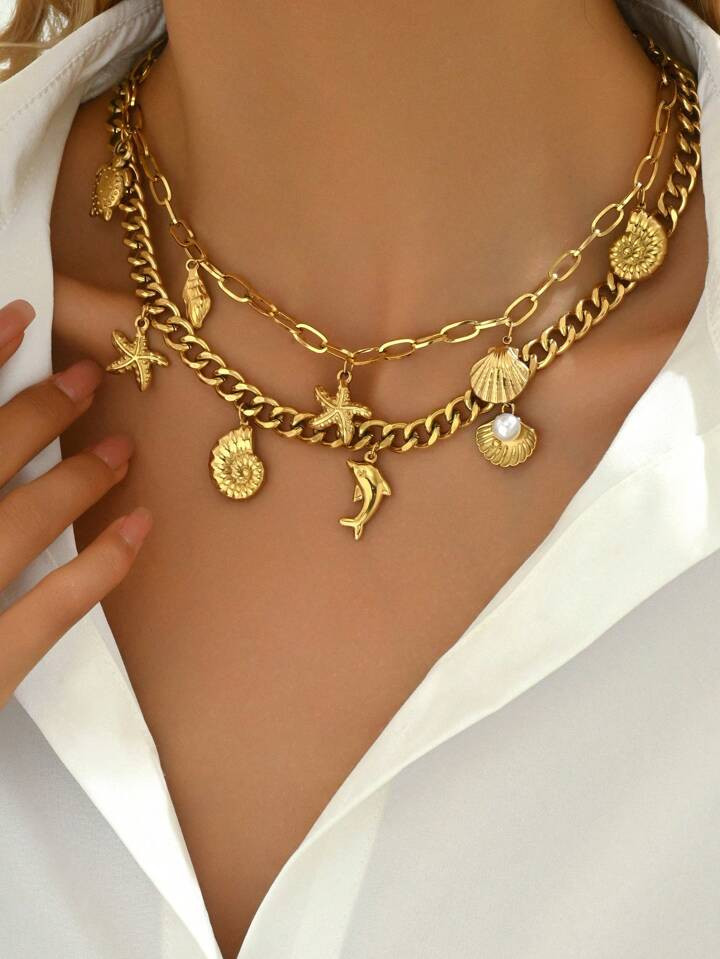 1pc Fashionable 18K Gold Plated Stainless Steel Thick Necklace With Ocean Elements For Women | SH... | SHEIN