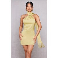 Petite Olive Wrap Neck Satin Mini Dress | PrettyLittleThing CAN