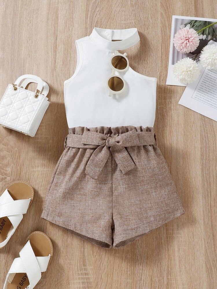 Toddler Girls Asymmetrical Neck Tank Top & Paperbag Waist Belted Shorts | SHEIN