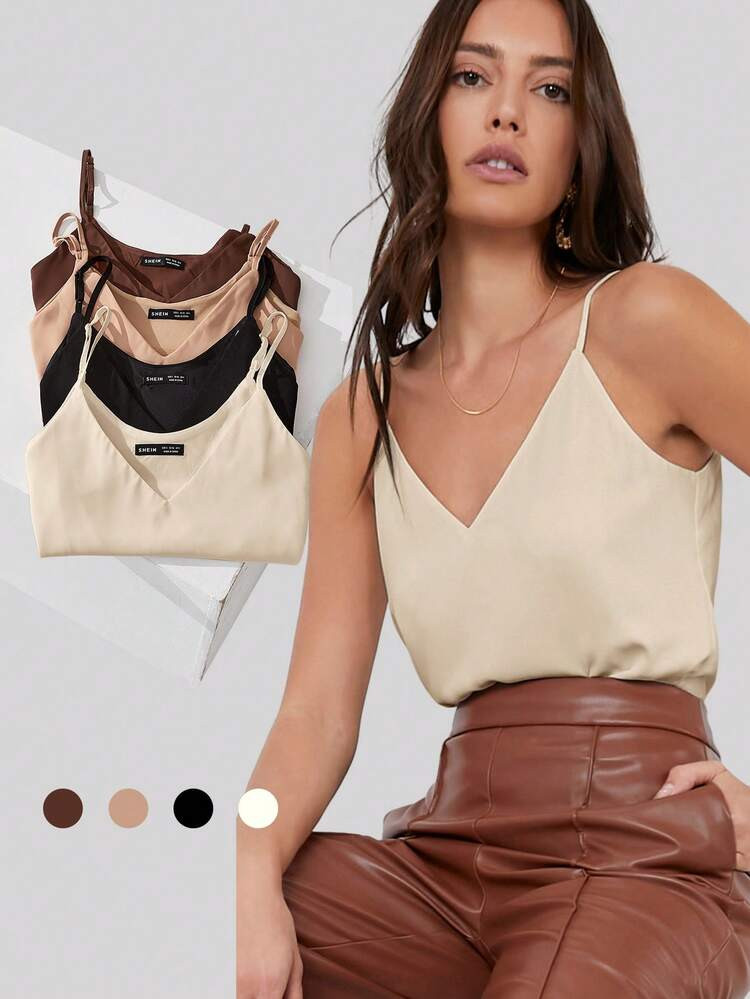 BizChic Nouvelle Arrivée Printemps/Été Camisole À Fines Bretelles Réglables Col V Couleur Abricot Clair, Élégante Pour Les Déplacements Urbains, Port Décontracté Quotidien | SHEIN