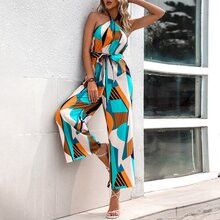 Geo Print Belted Halter Jumpsuit | SHEIN