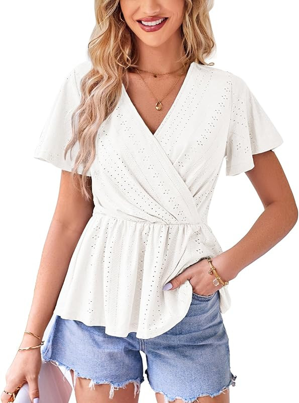 GRACE KARIN Womens Wrap Tops V Neck Eyelet Top Ruffle Sleeve Peplum Blouse 2023 Summer Casual T Shir | Amazon (US)