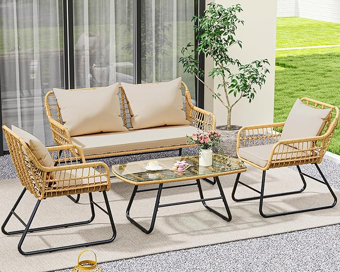 YITAHOME 4-Piece Patio Furniture Wicker Outdoor Bistro Set, All Weather Rattan Loveseat Conversat... | Amazon (US)