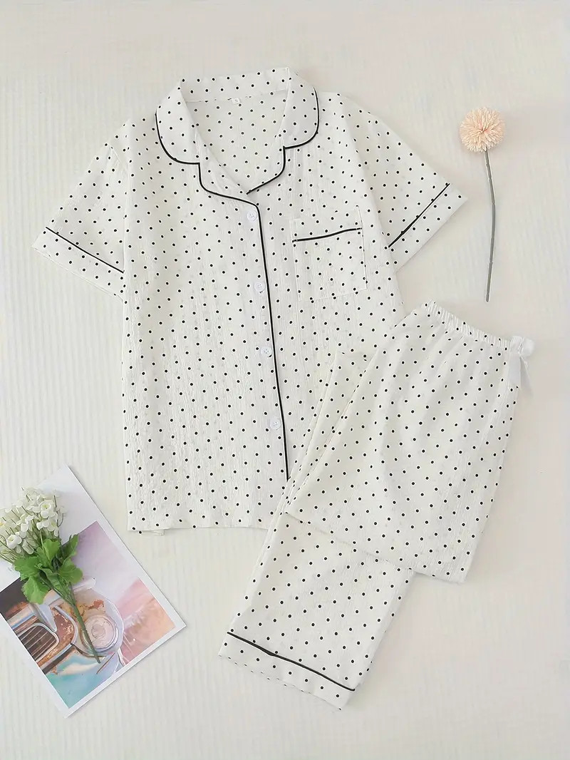 Polka Dot Print Pajama Set Short Sleeve Buttons Top Elastic - Temu | Temu Affiliate Program