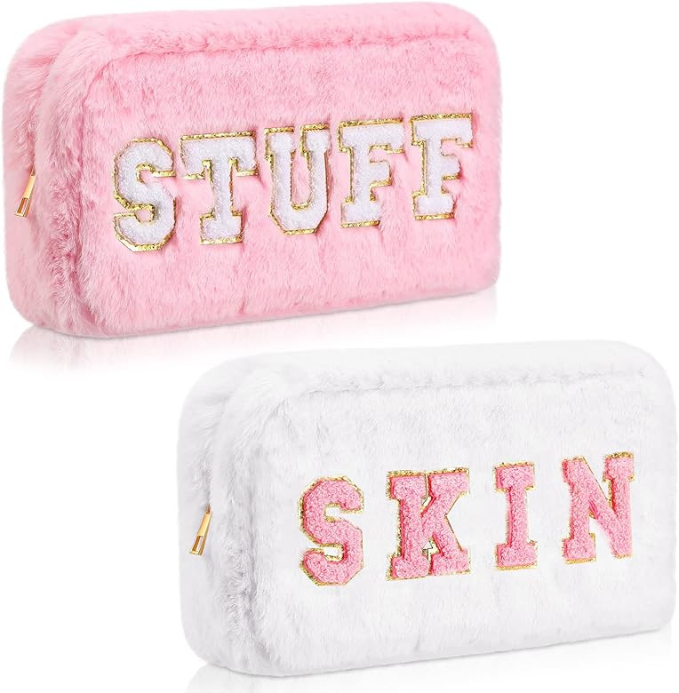 2 Pcs Chenille Letter Small Makeup Pouch Fluffy Plush Makeup Bag Portable Cosmetic Pouch with Zipper | Amazon (US)