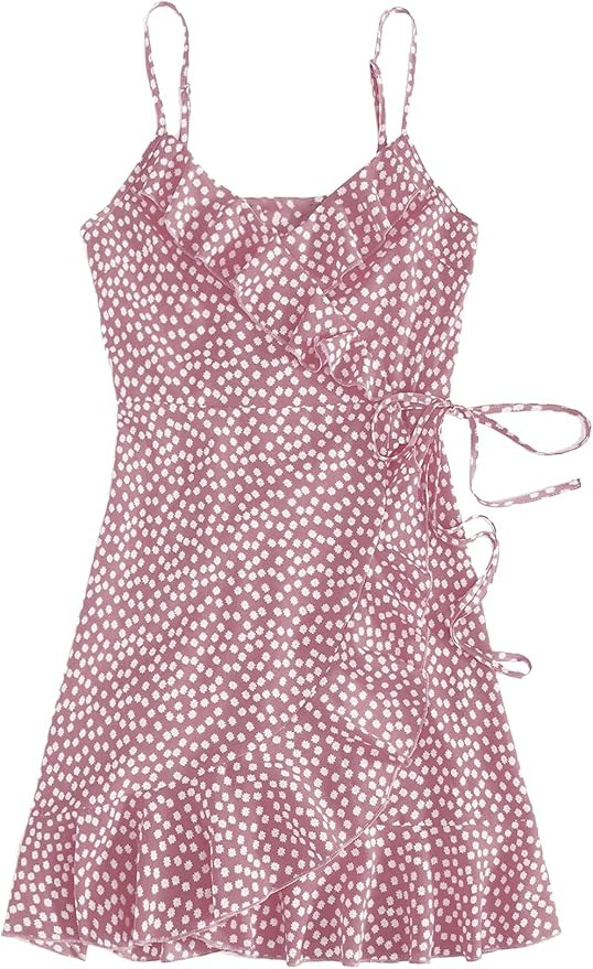 Romwe Women's Boho Floral Sundress Spaghetti Strap V Neck Ruffle Tie Knot Wrap Cami Dress | Amazon (US)